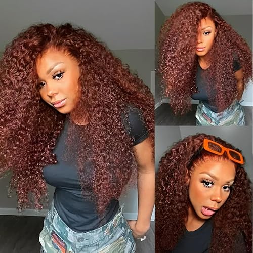 UNICE 16&quot; Reddish Brown Jerry Curly Lace Front Wig - Pre Plucked, Glueless, Human Hair