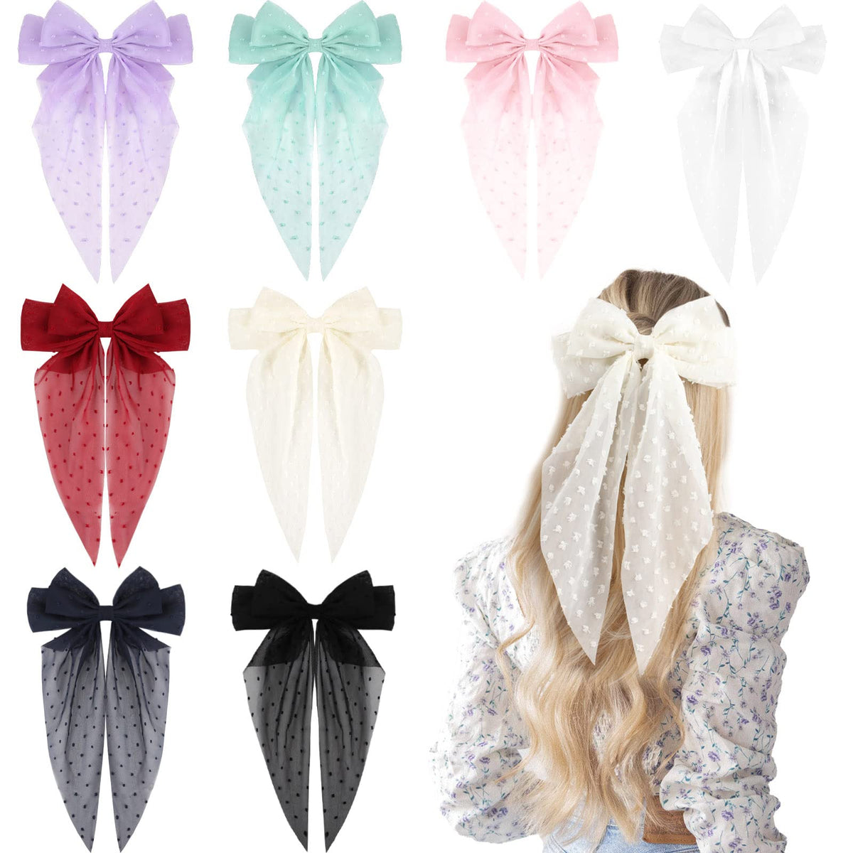 Vobobe 8Pcs Tulle Layered Hair Bows For Women & Girls - 8 Inch Black Gauze Barrette Clips