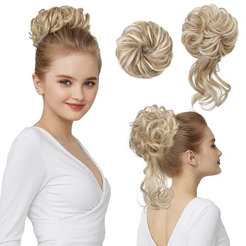 REECHO Messy Bun Hair Piece - Classic Tousled Updo Elastic Scrunchies - Blonde with Highlights