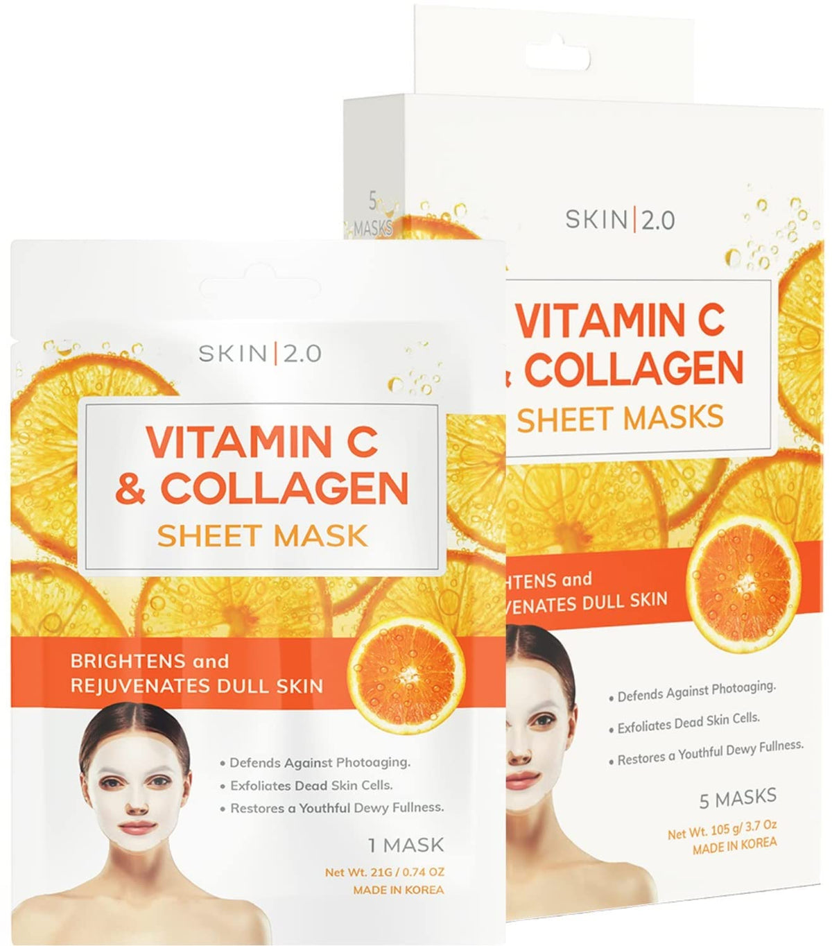 Skin 2.0 Vitamin C & Collagen Sheet Mask - Anti-Aging, Hydrating, 5 Masks, All Skin Types