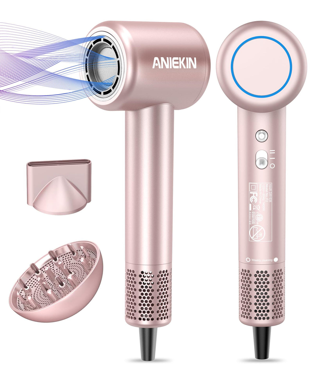 Aniekin High-Speed Ionic Hair Dryer, Low Noise Blow Dryer With Magnetic Diffuser, Pink