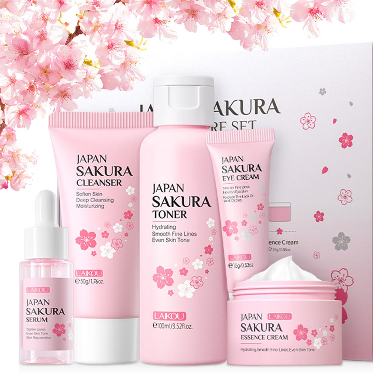 Gcliozhi 5Pcs Sakura Skin Care Set - Cleanser, Serum, Cream, Toner, Eye Cream, Mud Mask