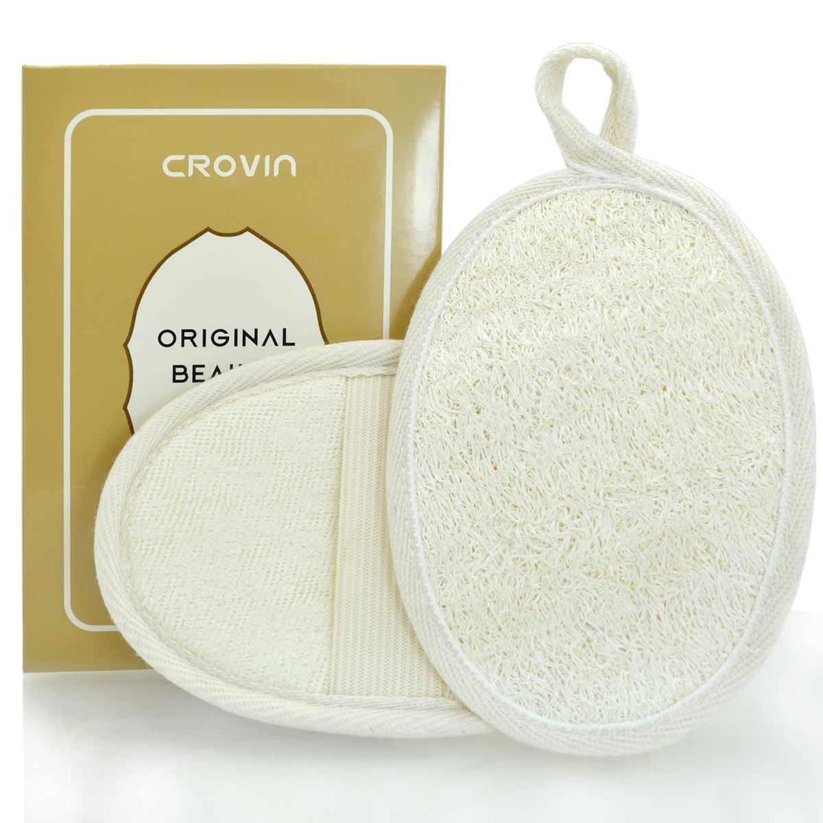 Crovin Natural Loofah Exfoliating Body Scrubber For Men & Women - 2 Pack, Creamy-White