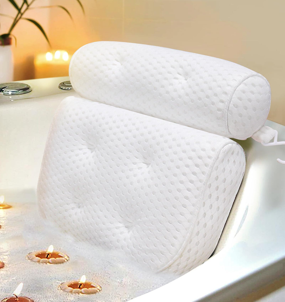 Slyfoam Bath Pillow With Anti-Slip Suction Cups - 4D Mesh Headrest For Spa, Jacuzzi & Bathtub