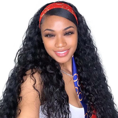 Beauty Forever 16&quot; Water Wave Human Hair Headband Wig with Scarf - Natural Black, 150% Density