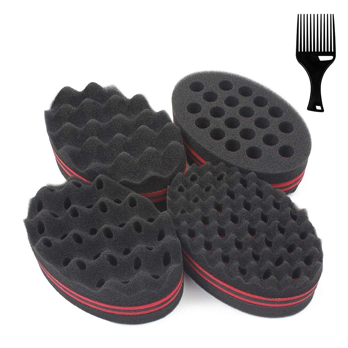 AIR&TREE 5 Pcs Curl Brush Set - Magic Twist & Foam Sponge Hair Pick for Men & Women, Black Red