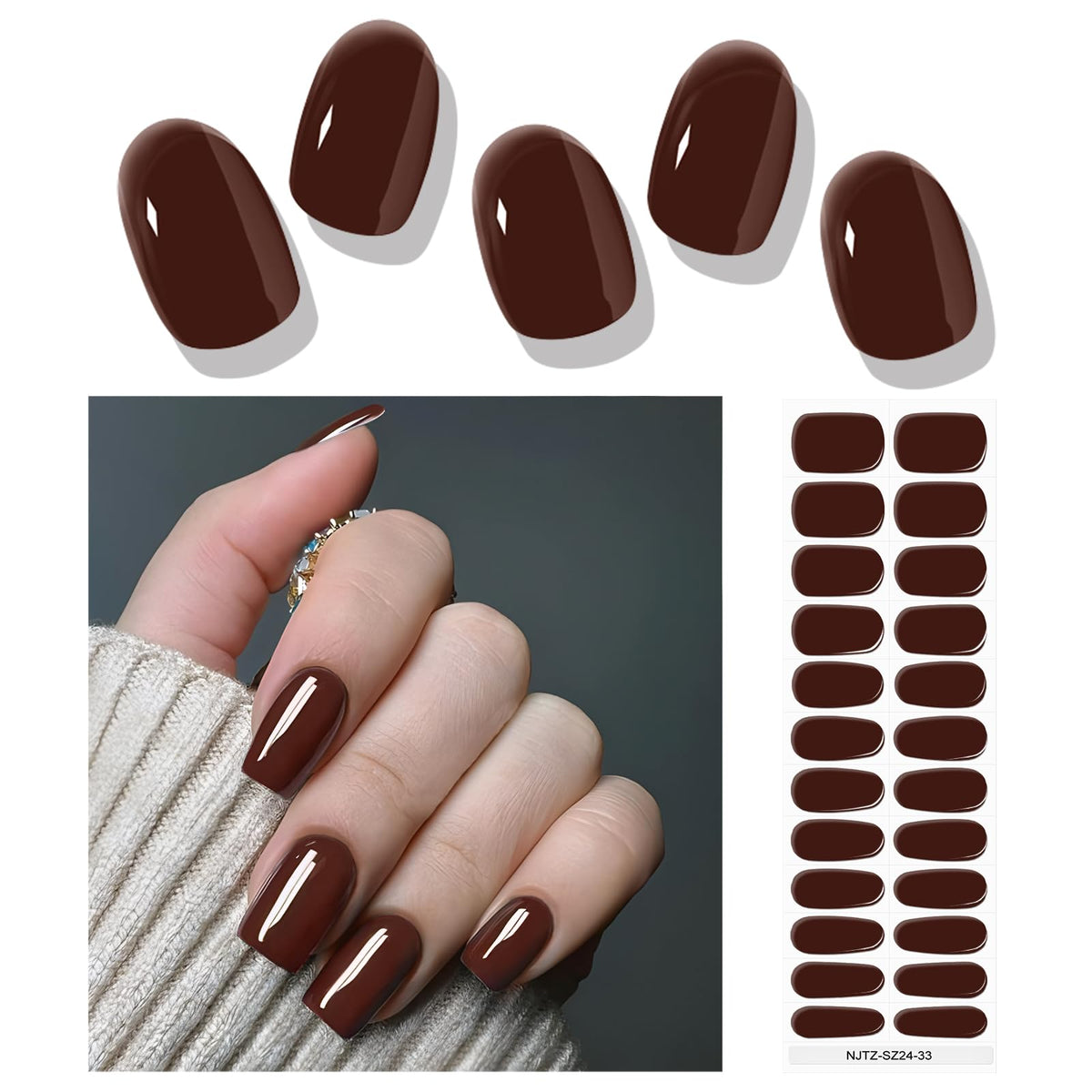 Ebanku 24Pcs Chocolate Semi-Cured Gel Nail Strips - Waterproof Full Nail Wraps With File