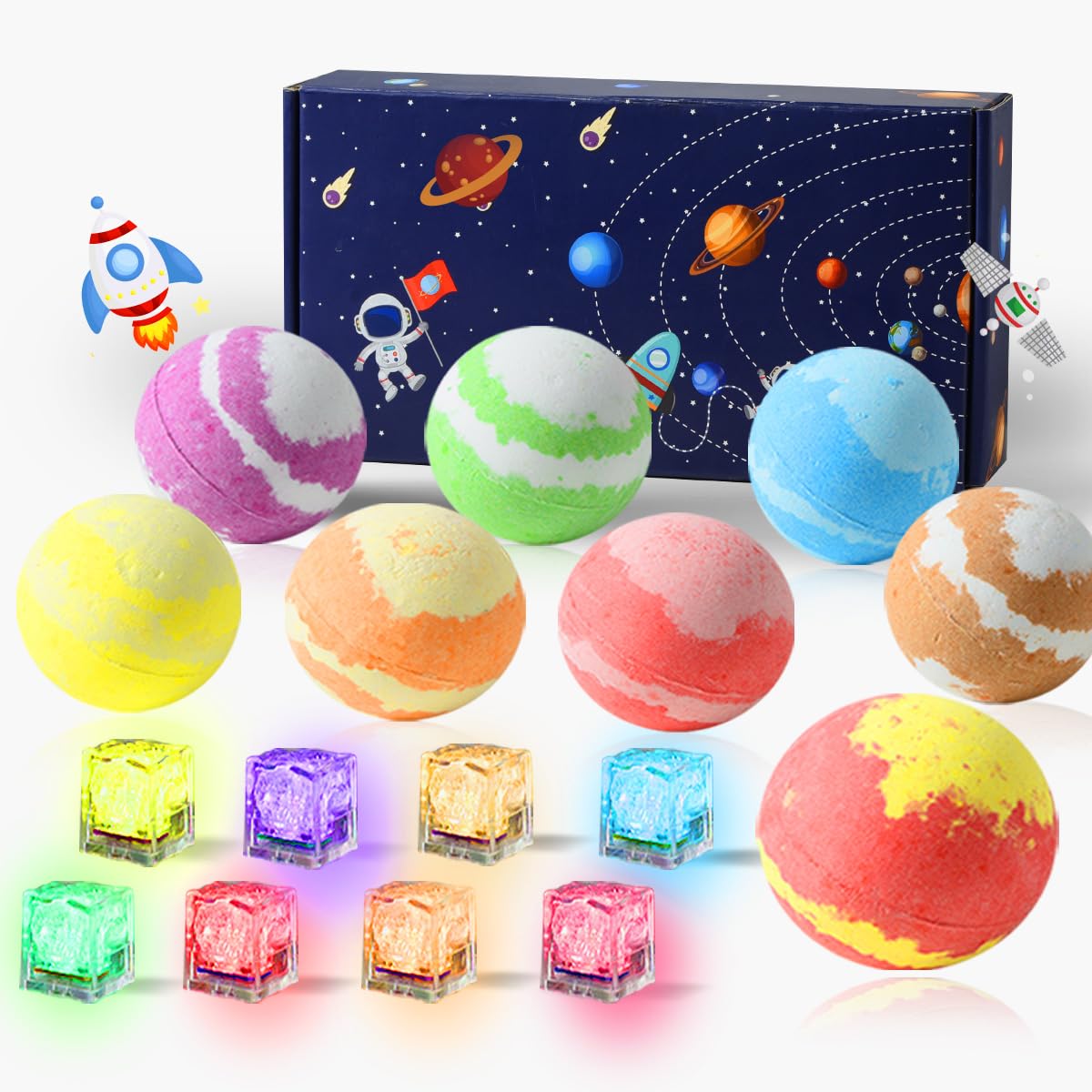 Titete 3.88Oz Bath Bombs Set For Kids & Adults, 8 Light-Up Solar System Toys, Spa Gift