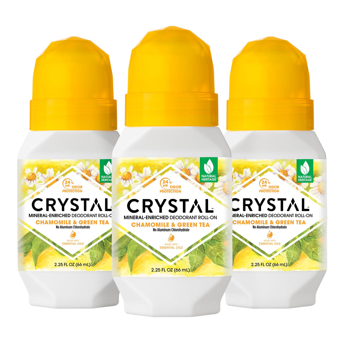 Crystal Essence Mineral Deodorant Roll-On, 24-Hour Odor Protection, Chamomile & Green Tea, 3 Pack