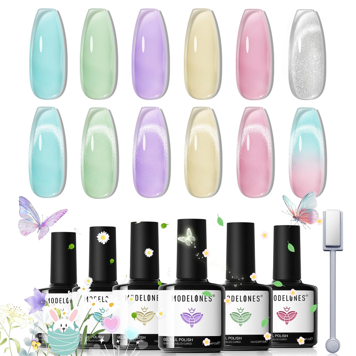 Modelones Gel Nail Polish Set - 6 Translucent Pastel Colors & Silver Cat Eye With Magnet