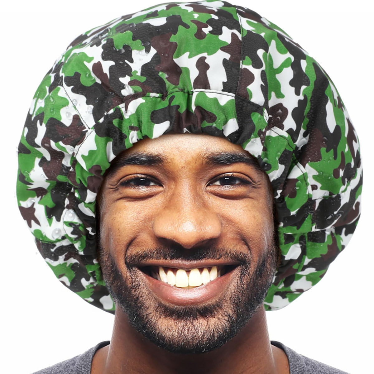 Aileam Reversible Green Camouflage Shower Cap For Men - Waterproof Adjustable Hair Hat