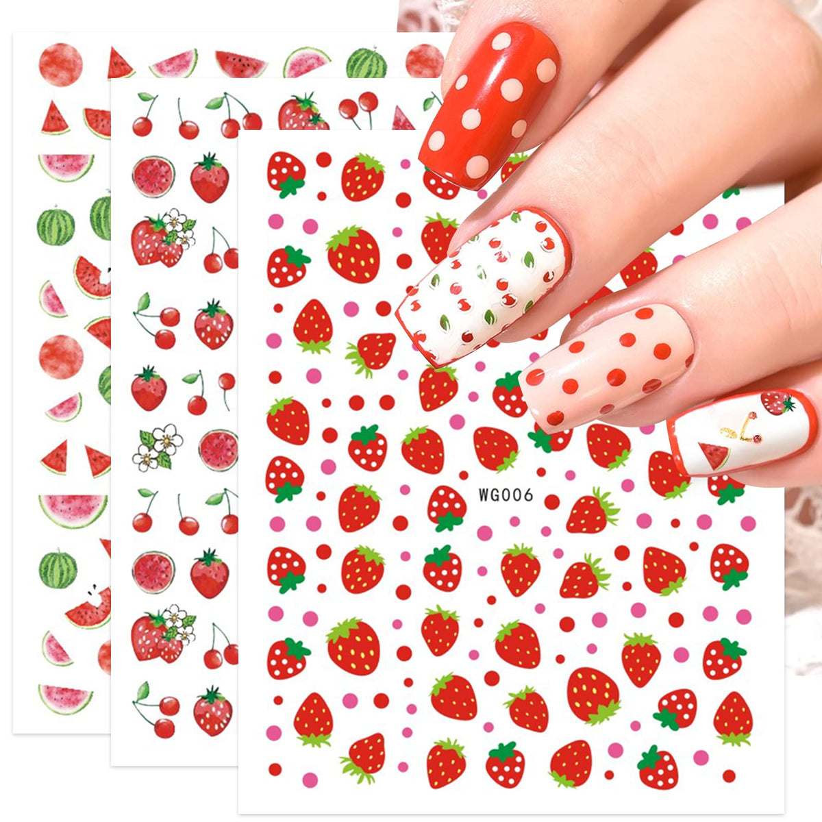 Jmeowio Strawberry Fruit Nail Art Stickers - 10 Sheets Self-Adhesive Decals For Kids & Women