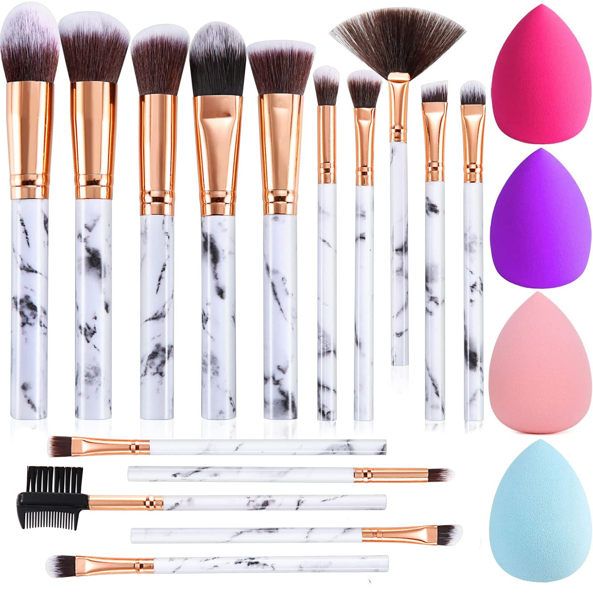 Duaiu 15Pc Marble Makeup Brush Set - Premium Synthetic Kabuki, Blush, Foundation, Eyeshadow