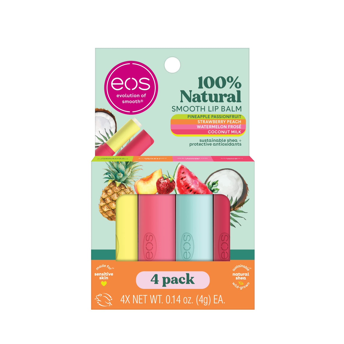 Eos 100% Natural Lip Balm Variety Pack - Coconut, Watermelon, Pineapple, Strawberry, 4-Pack