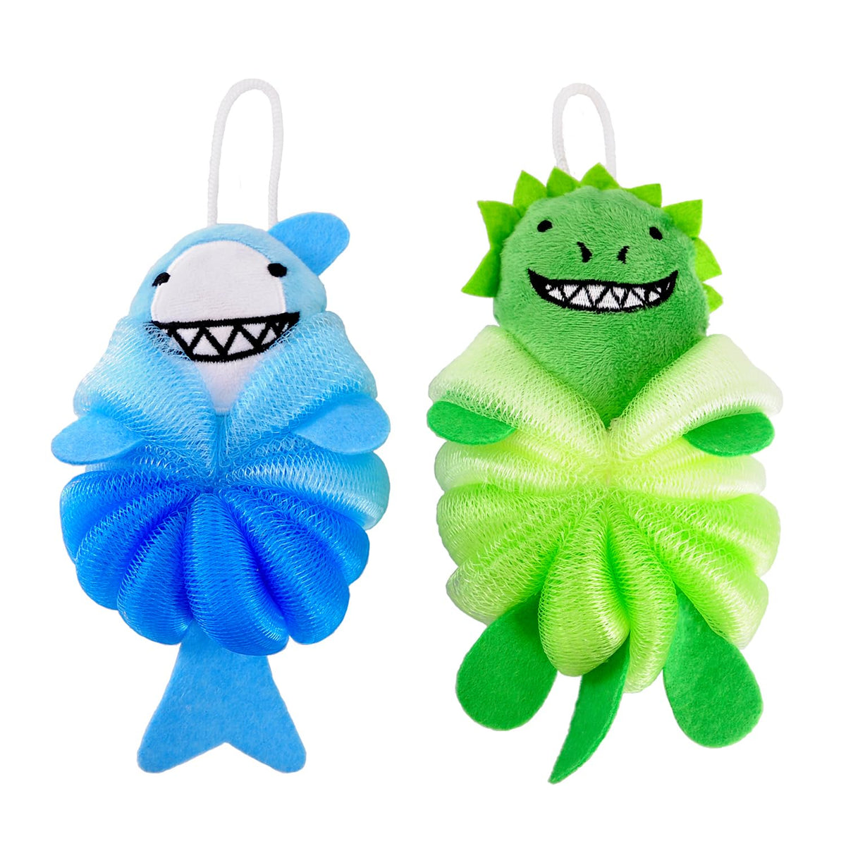 Ramfiyn 2 Pack Fun Bubble Bath Loofahs - Shark & Dinosaur Body Scrubber For Kids