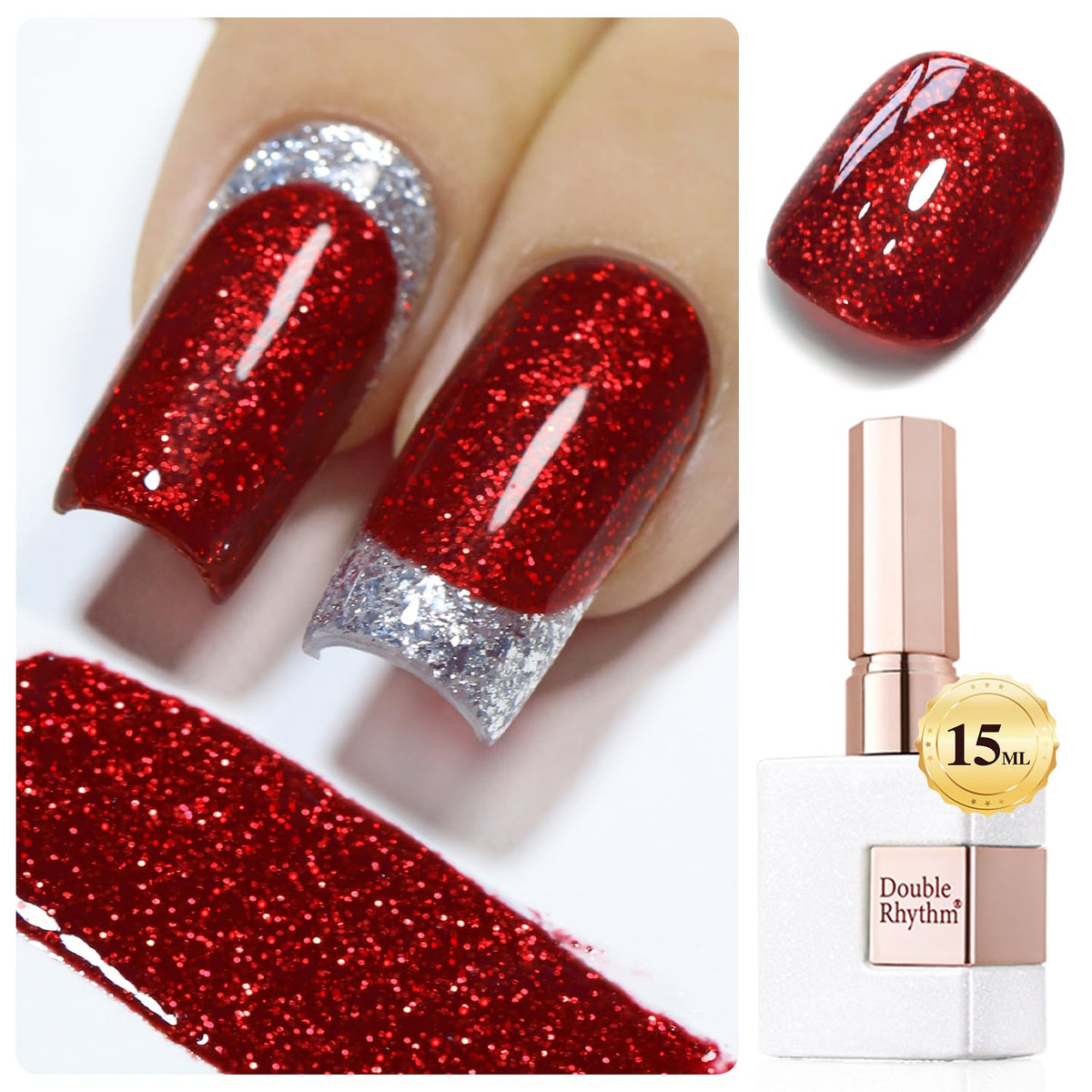 Double Rhythm Cherry Red Glitter Gel Polish 15Ml Shimmer Reflective Holographic Nail Art