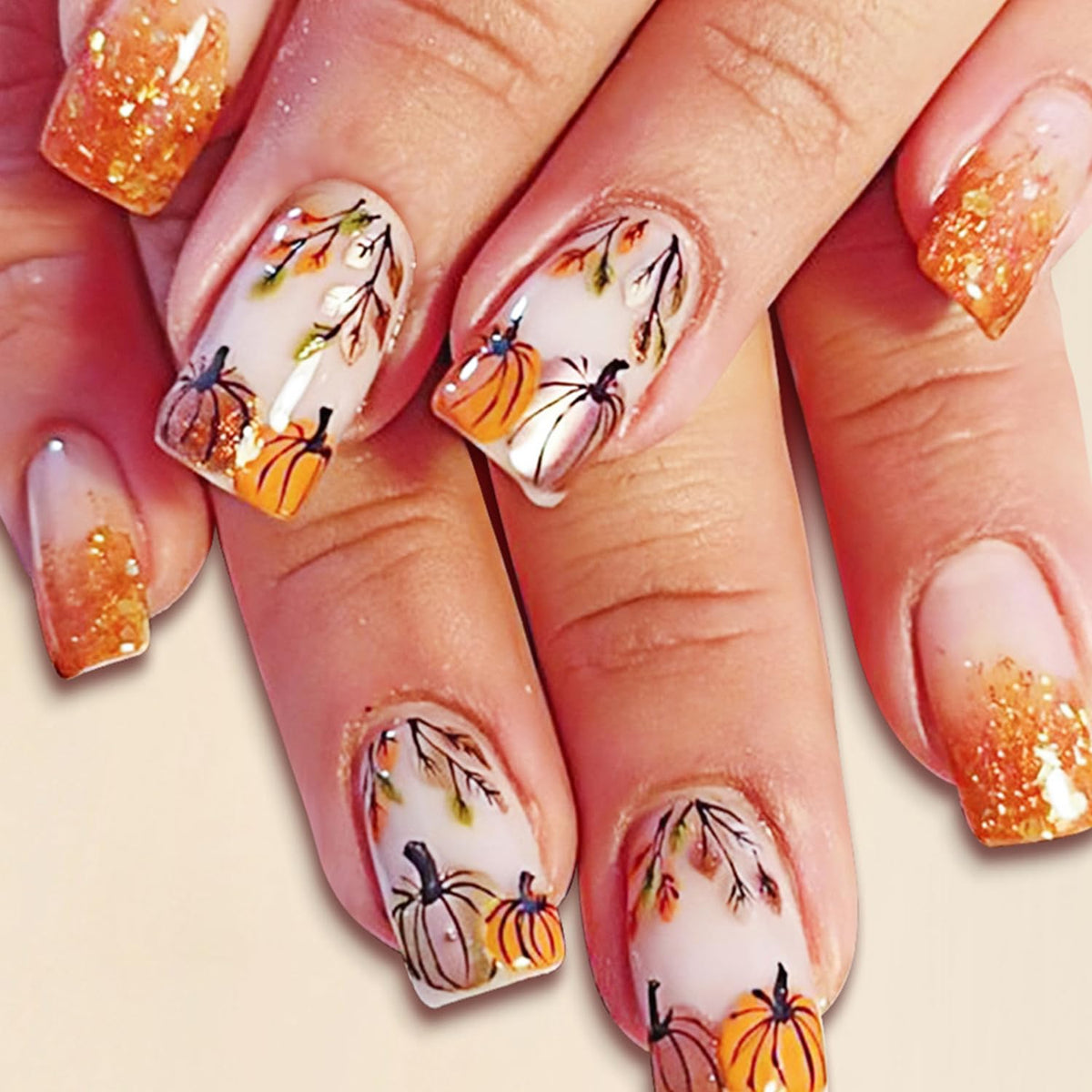 Ykzfui Fall Press On Nails - Short Square Orange Glitter With Maple Leaf & Pumpkins, 24 Pcs