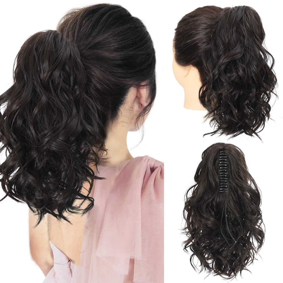 Seikea 10&quot; Wavy Curly Ponytail Extension - Deepest Brown Synthetic Hairpiece For Women