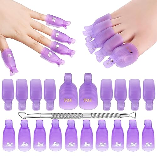 Makartt Gel Nail Polish Remover Clips Kit, 20 Reusable Clips & Metal Cuticle Pusher, Purple