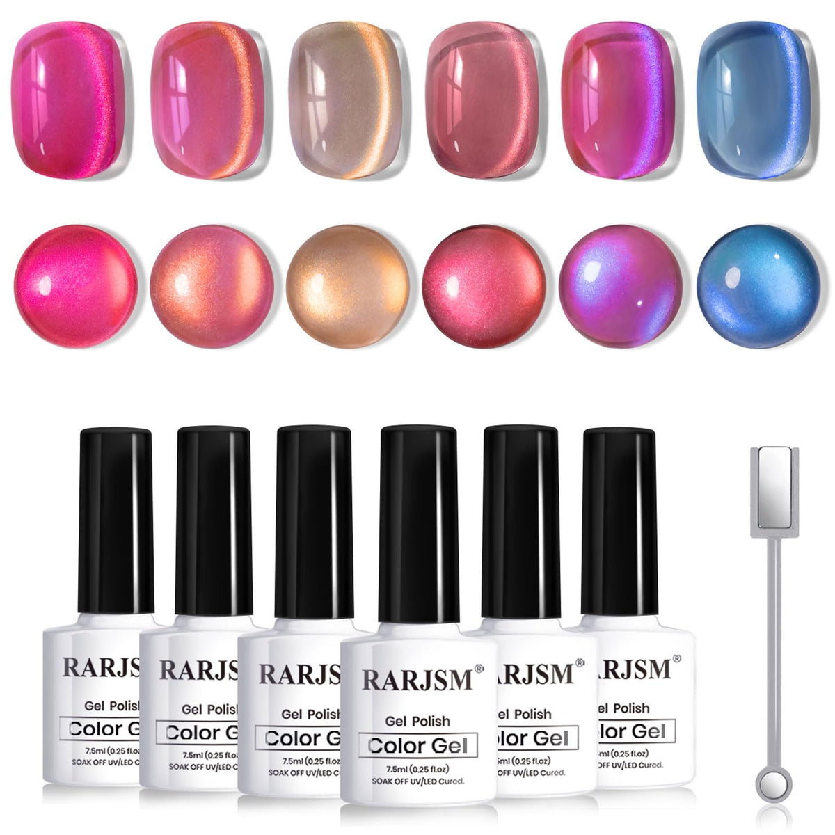 Rarjsm 6Pcs Glitter Cat Eye Gel Nail Polish Set - Colorful Uv/Led Smoothie Curing Polish