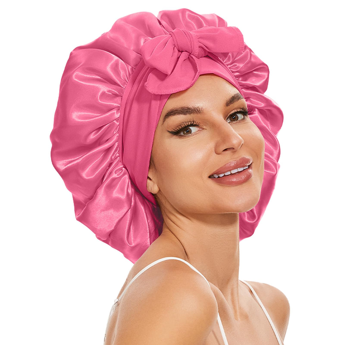 BE BIGEDDIE Large Satin Bonnet for Women - Double Layer Silk Hair Bonnet in Rose Pink