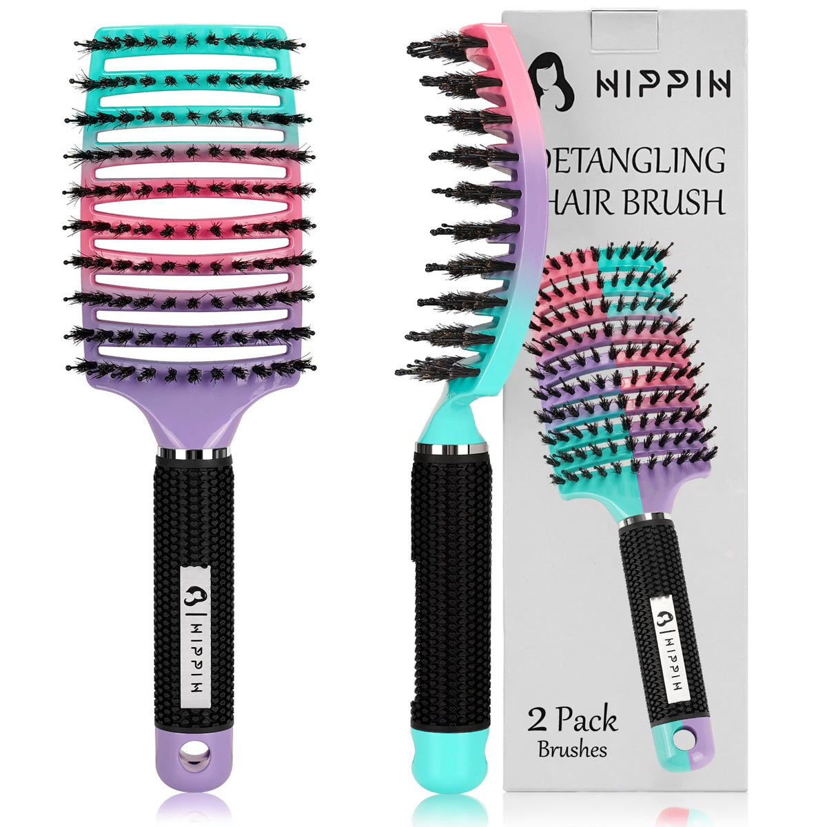 Hippih Detangling Brush 2 Pack - Boar Bristle Hair Brush For Wet/Dry Hair, Purple