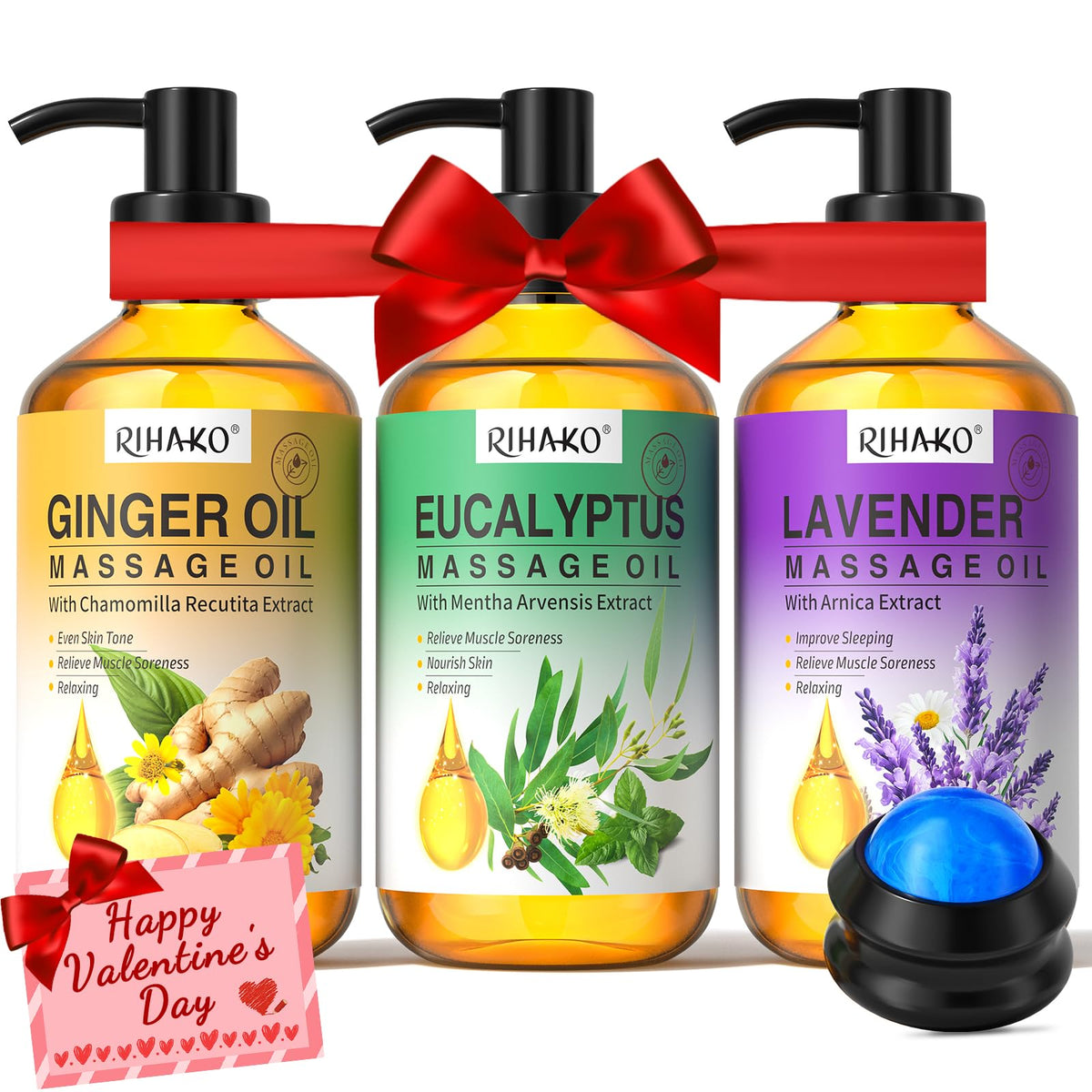 Rihako 3 Pack Massage Oil - Ginger, Lavender & Eucalyptus For Therapy & Date Night Spa Gifts