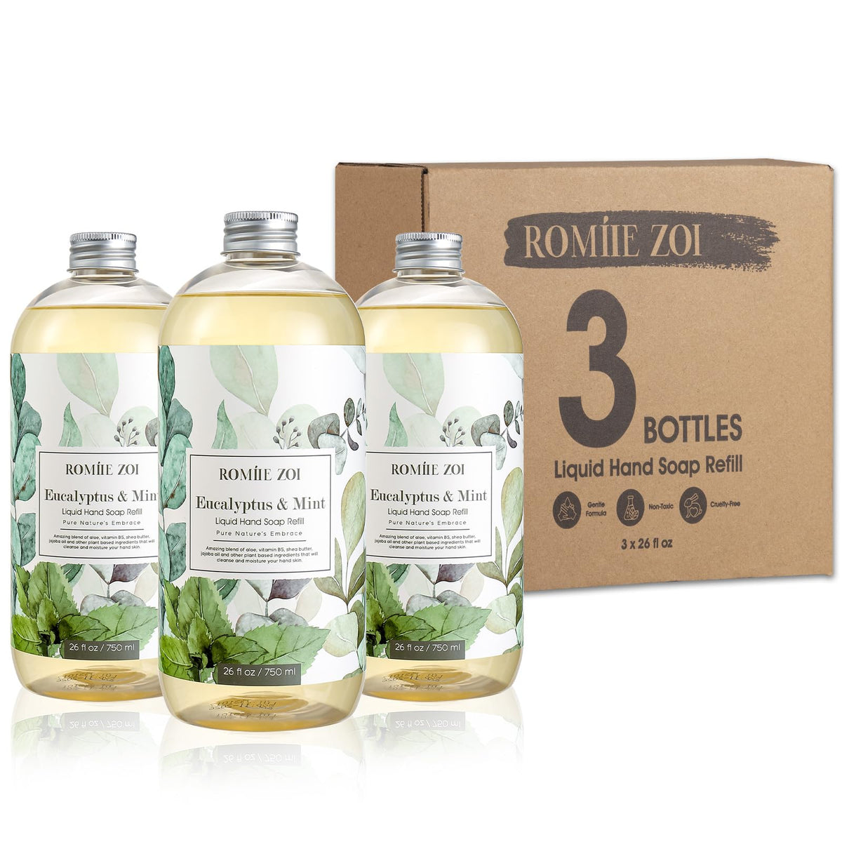 Romiie Zoi Eucalyptus & Mint Liquid Hand Soap Refills, 750 Ml, Gentle & Moisturizing, Pack Of 