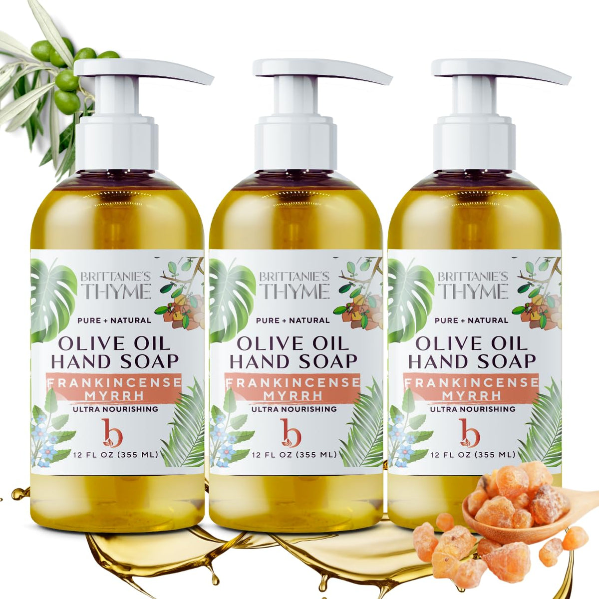 Brittanie'S Thyme Natural Hand Soap, Frankincense & Myrrh, 12 Oz, Pack Of 3, Vegan