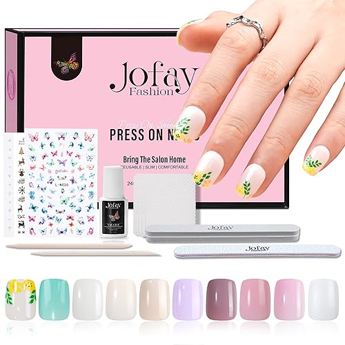 Jofay Fashion 240Pcs Acrylic Short Press On Nails Kit - Solid Color French Tips, Gel Glossy Finish