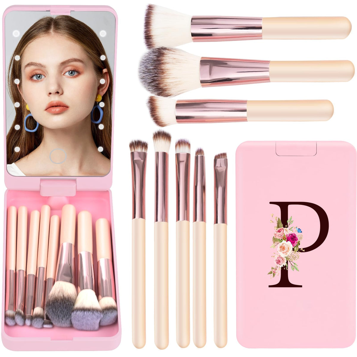 Kewwadb Mini 8-Piece Travel Makeup Brush Set With Led Mirror - Monogrammed Pink Gift For Teen Girls