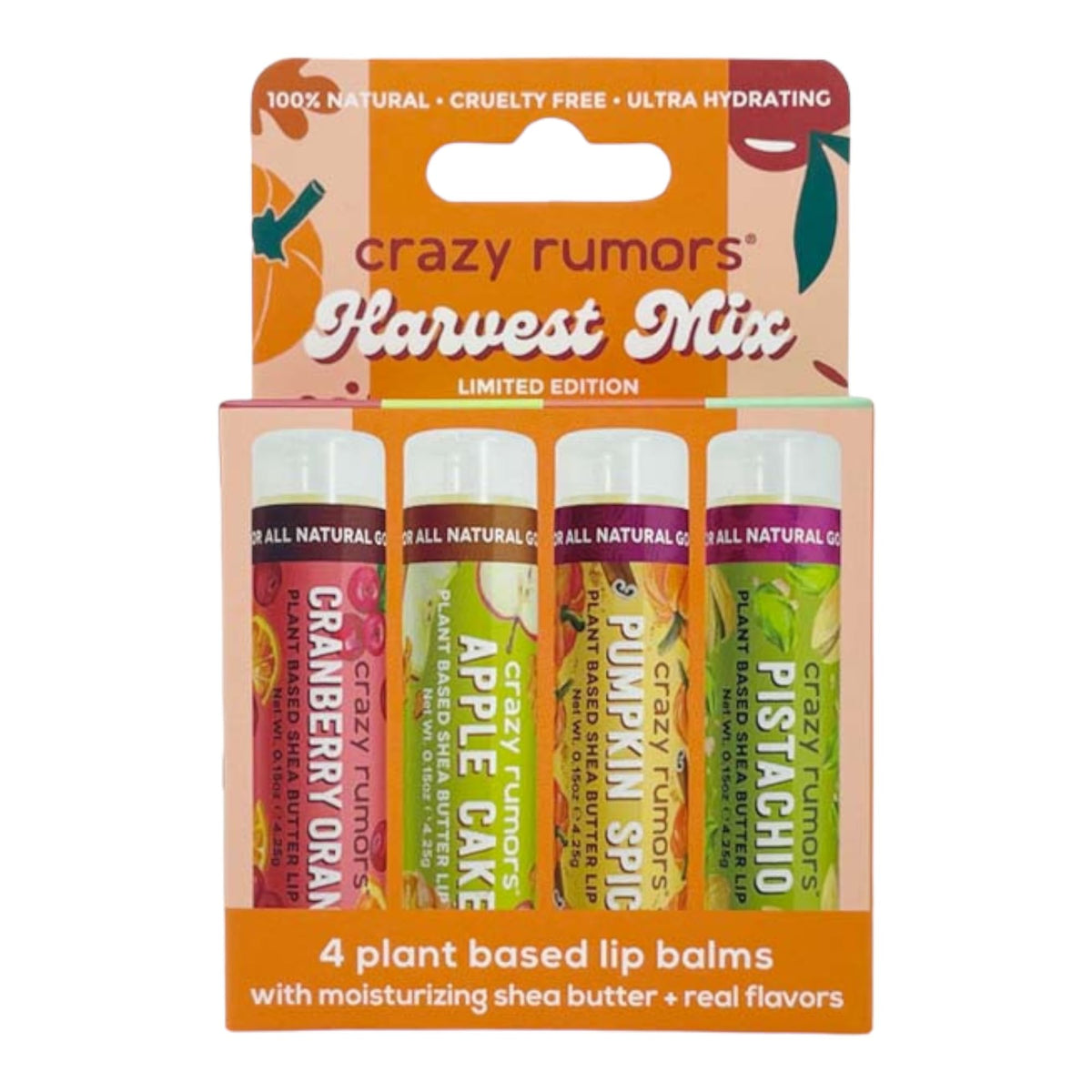 Crazy Rumors Harvest Lip Balm 4-Pack - Cranberry Orange, Apple Cake, Pumpkin Spice, Pistachio