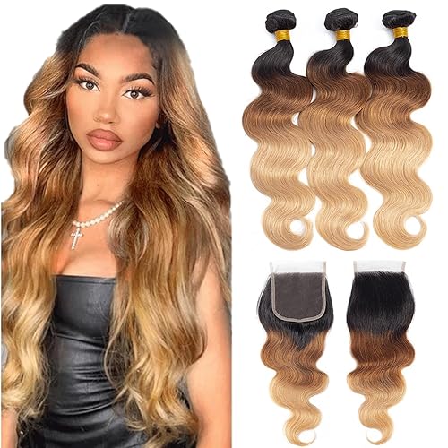 ROYAL IMPRESSION 12A Ombre Human Hair Bundles with Closure 20 22 24+18&quot; Body Wave