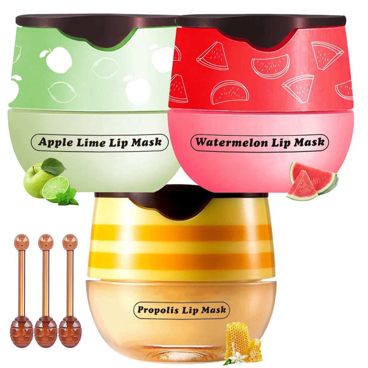 Loobexery Honey Lip Balm Pot - 3 Pack Propolis & Fruit Masks For Moisturizing Dry Lips