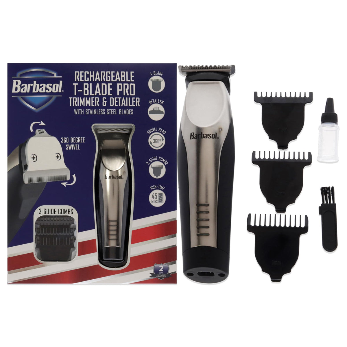 Barbasol T Blade Pro Trimmer - Rechargeable Detailer With Swivel Head, Black Rubber Design