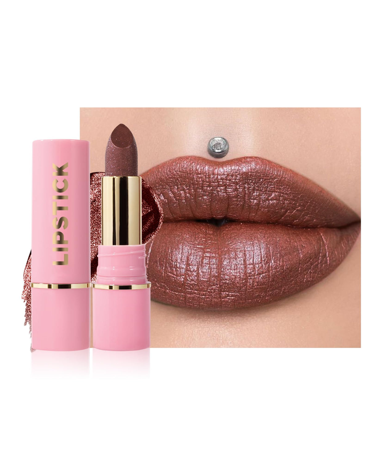 Lysdefeu Diamond Glitter Matte Lipstick - Red Brown Metallic Shimmer, Waterproof Lip Color, 0.13 Oz