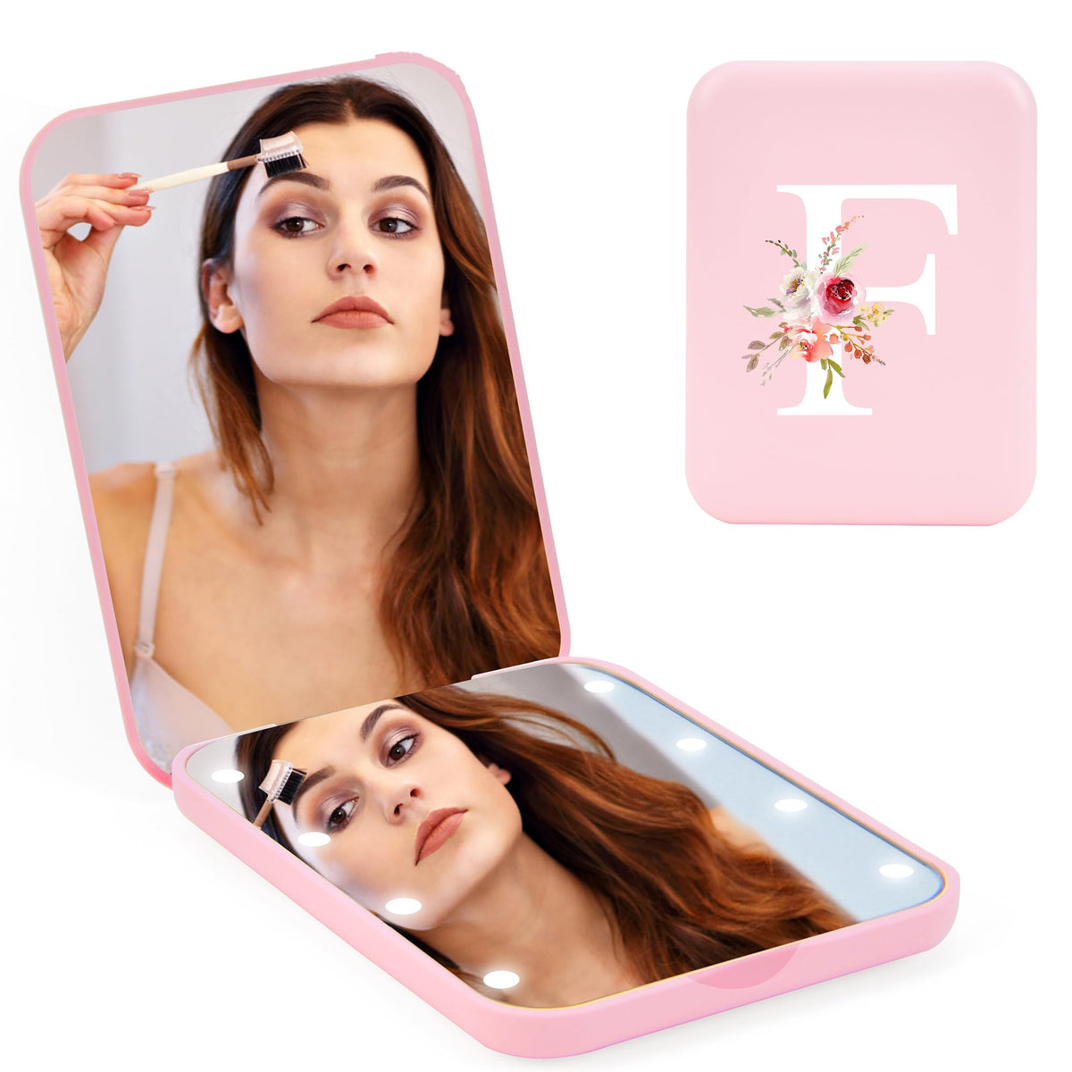 Bugarore Personalized Compact Mirror With Light - Pink Led 1X/3X Magnifying Travel Makeup Mirror