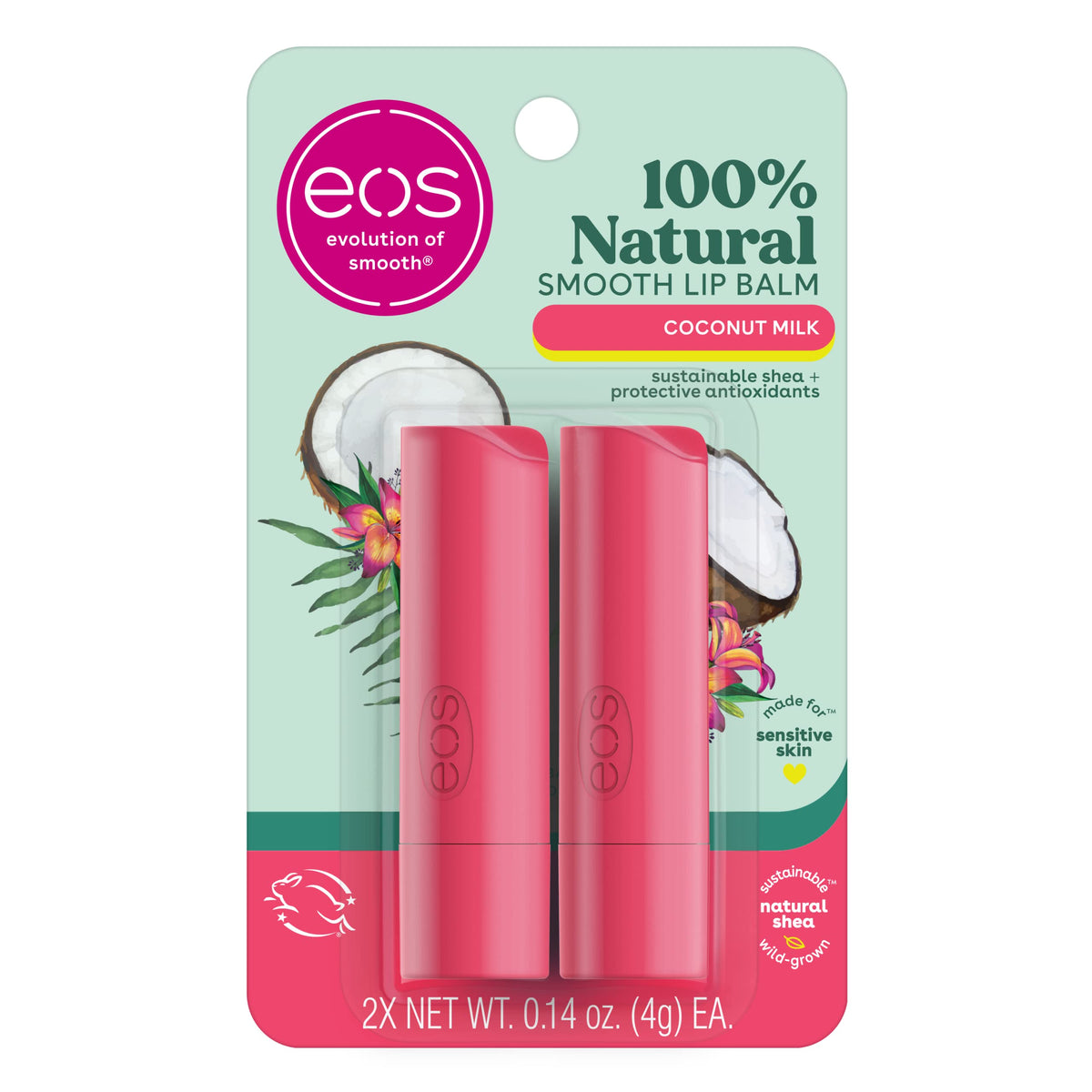 Eos 100% Natural Lip Balm - Coconut Milk, All-Day Moisture, 0.14 Oz, 2-Pack For Sensitive