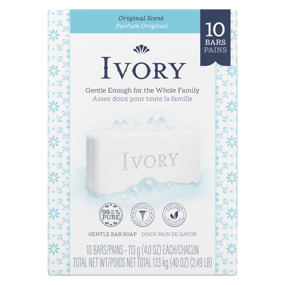 Ivory Gentle Bath Bar Soap, Original Scent, Dye-Free, Family Safe, 4 Oz (10 Count)