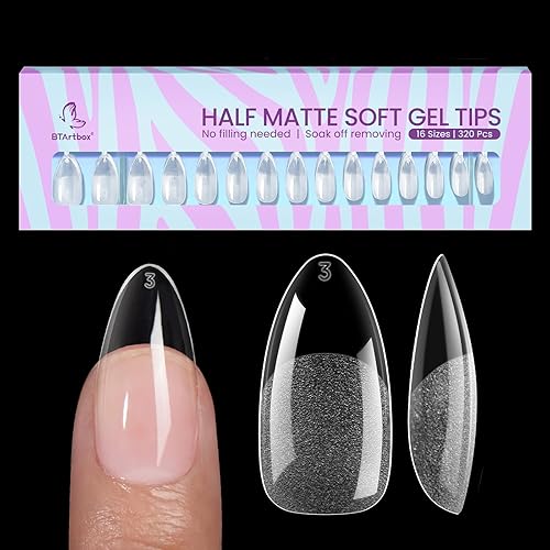 Btartbox Half Matte Gel Nail Tips - 320Pcs Clear Almond Acrylic False Nails, 16 Sizes