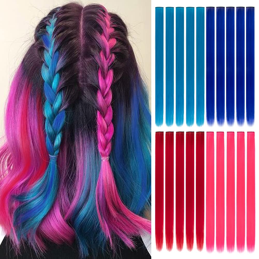 HH FASHION 20 Inch Clip-in Hair Extensions for Girls - Colored Synthetic Highlights (Blue, Red, Pink)