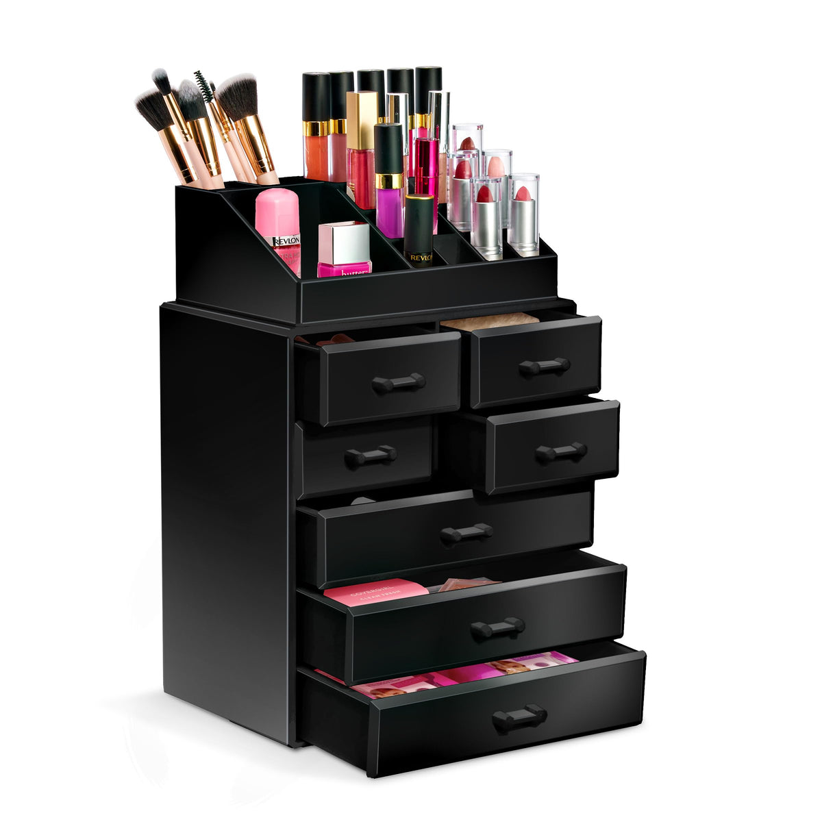 Sorbus Extra Large Acrylic Makeup Organizer With 3 Drawers, Brush Holder & Tray - Black