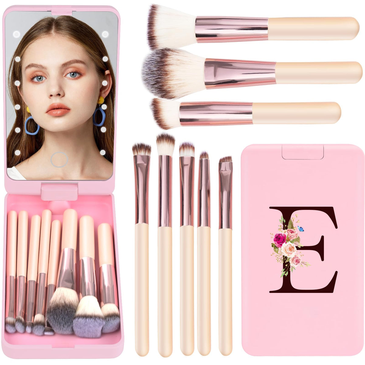 Kewwadb Mini 8-Piece Travel Makeup Brush Set With Led Mirror - Pink-E, Monogrammed Gift For Teen Girls