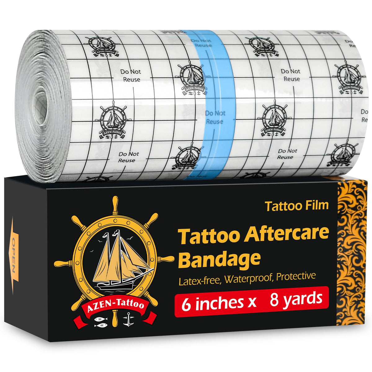 Azen Tattoo Aftercare Bandage - 6&quot;X 8 Yard Waterproof Second Skin Healing Wrap