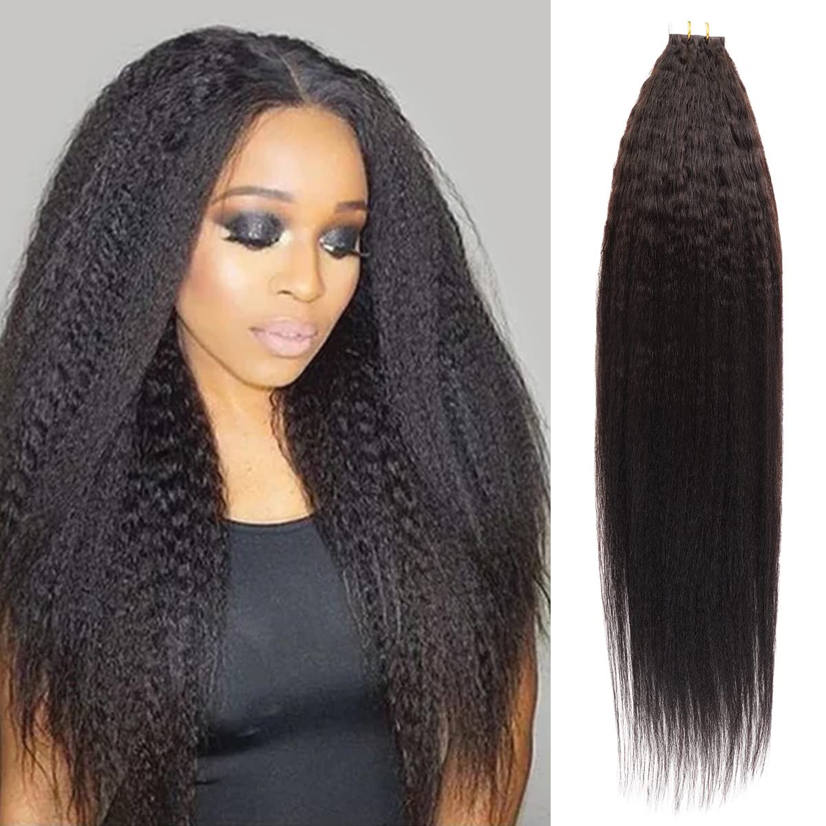 Glam21Usa Kinky Straight Tape In Hair Extensions 22 Inch 100% Virgin Human Hair 40Pcs