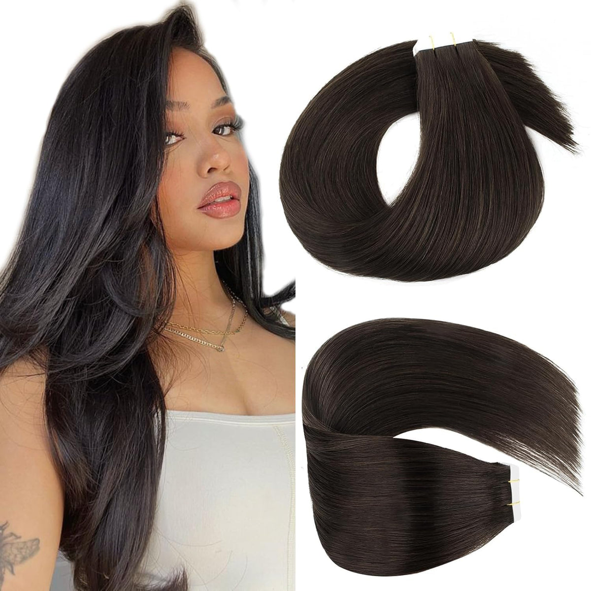 Lovrio 20&quot; Tape In Hair Extensions, 20 Pcs, Human Hair, Off Black #1B, Silky Straight