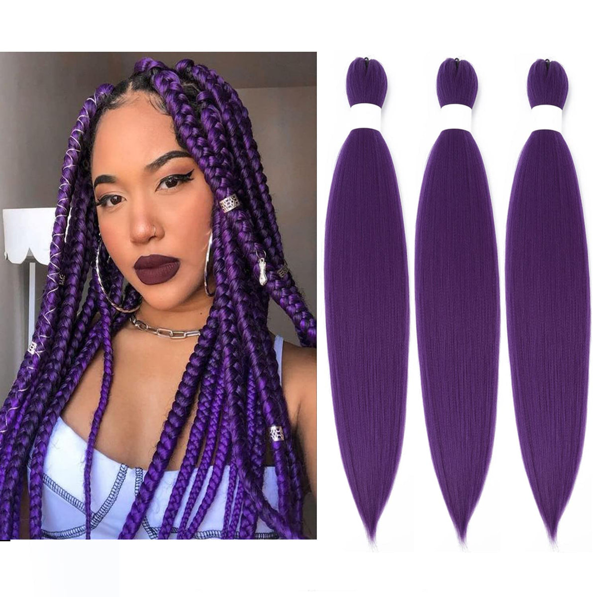 Newluyang 26&quot; Purple Pre Stretched Braiding Hair Extensions - 3 Packs Yaki Texture Synthetic Fiber