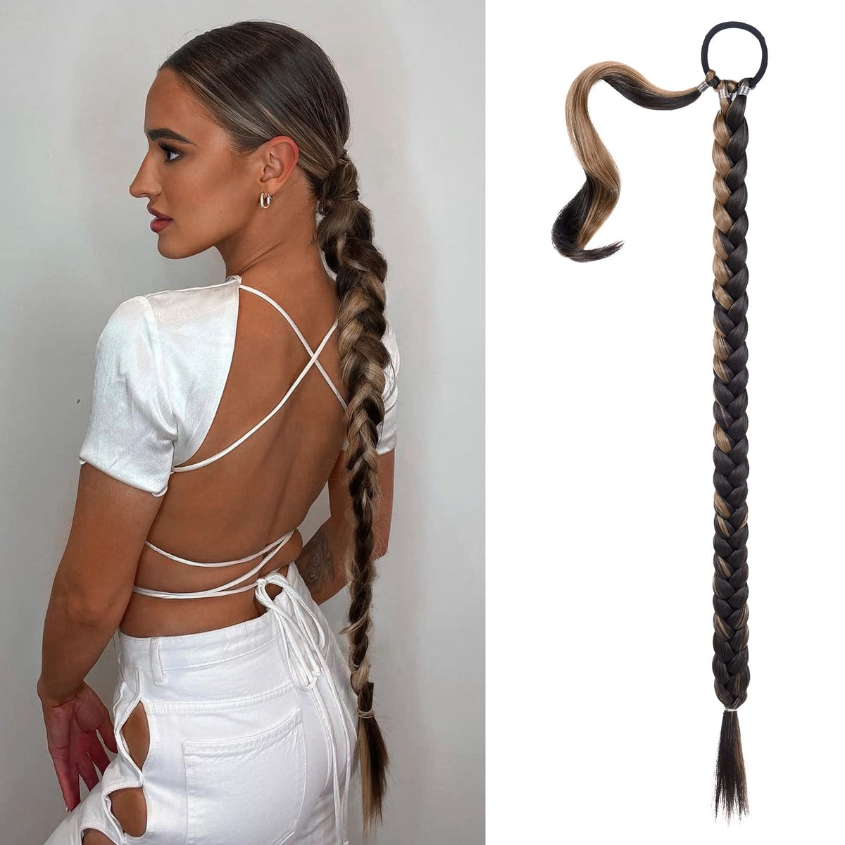 Seikea 34&quot; Braided Ponytail Extension - Deep Brown Auburn Highlights, Soft Synthetic Hairpiece