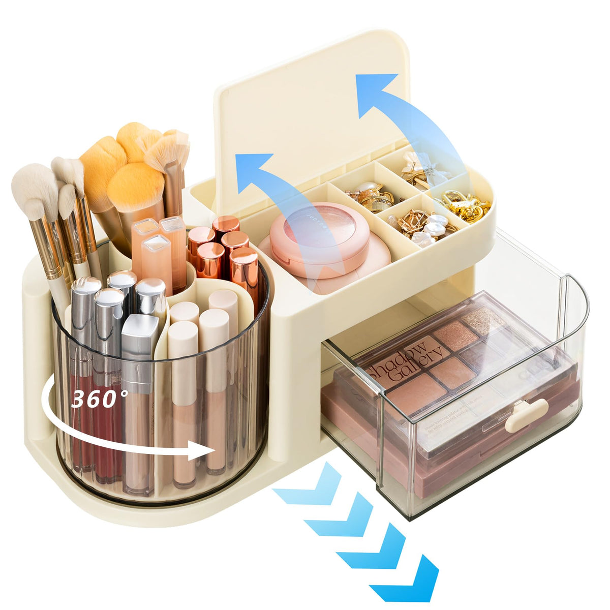 Moikiwi 360-Degree Rotating Makeup Organizer With Lid & Drawer - Yellow Cosmetic Storage Box