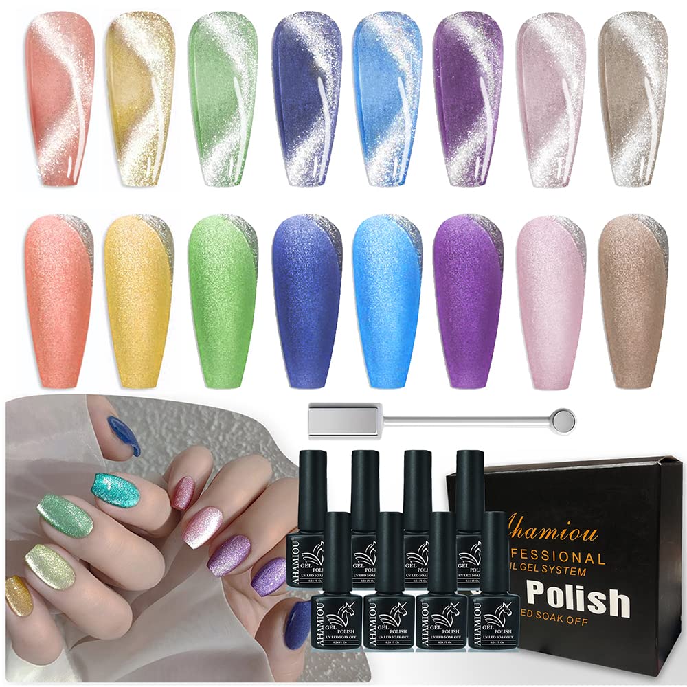 Ahamiou Rainbow Holographic Cat Eye Gel Nail Polish Set, 8Pcs With Magnetic Stick, 0.03 Fl Oz